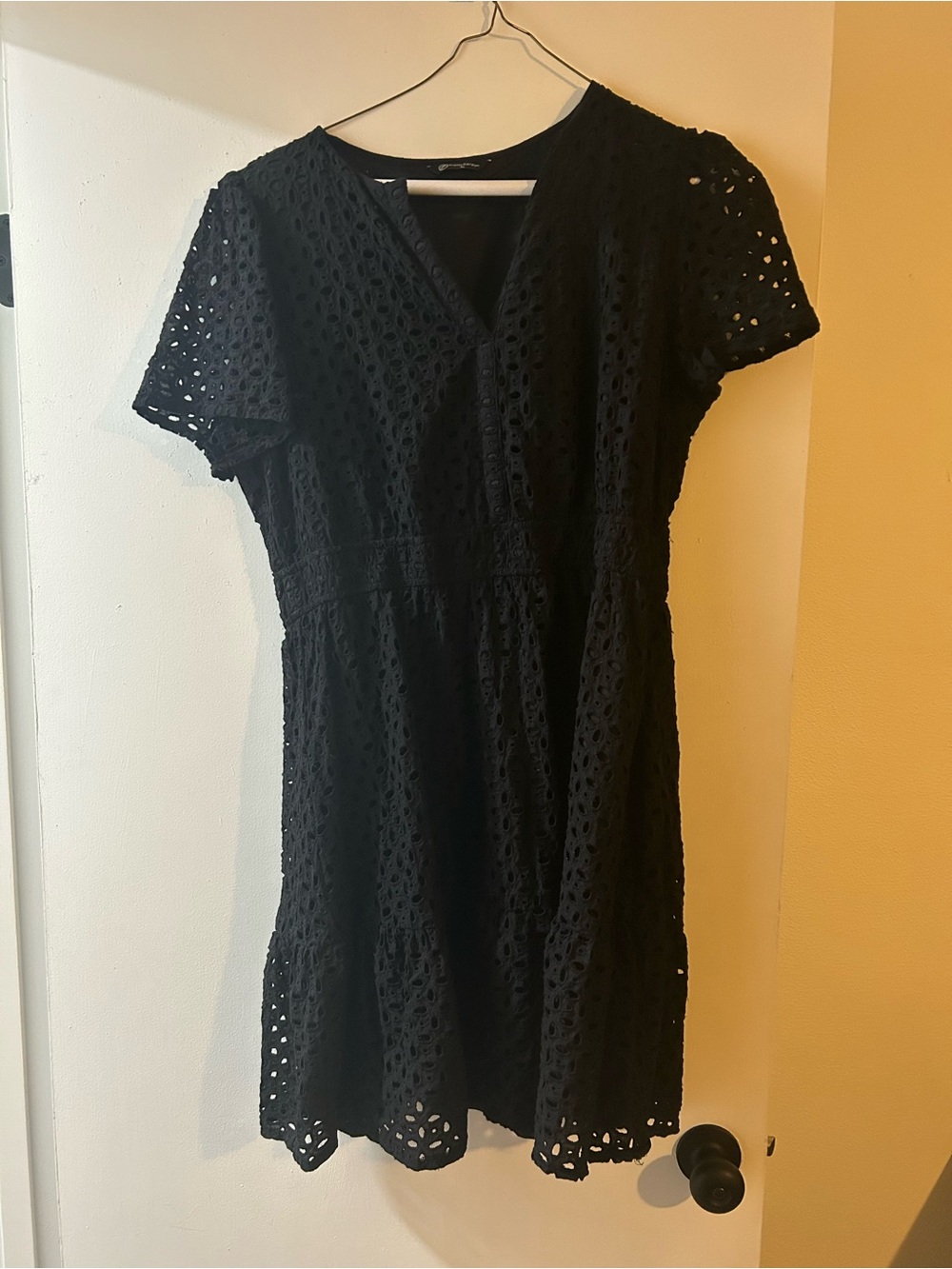 Black Eyelet V-Neck Midi Dress with Short Sleeves